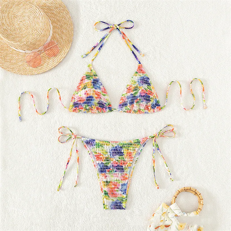 Sexy Floral Print Micro Thong Bikini Set for Women 2024 String Halter Swimwear Wrinkled Swimsuit Bathing Suit Triangle Bikini