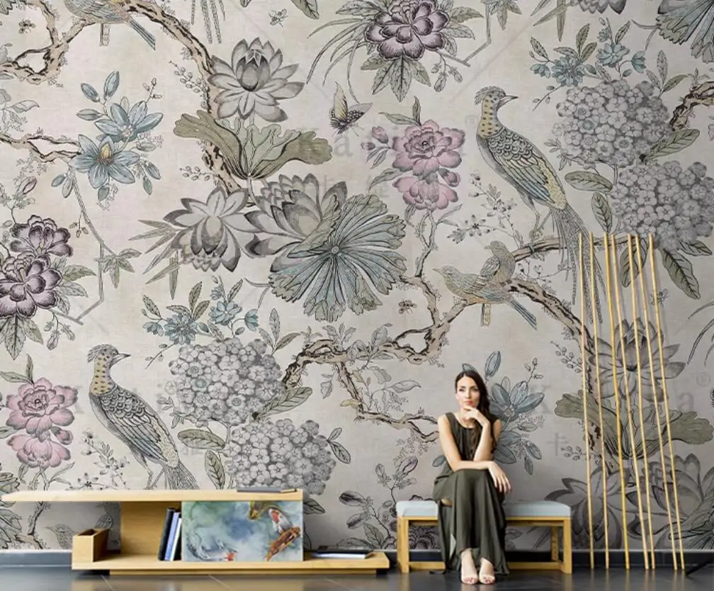 

New Chinese style TV background wall paper bedroom peony American retro 3d wallpaper bedroom living room custom mural