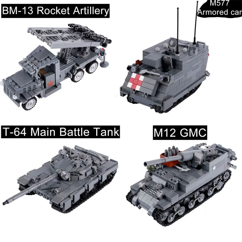 

Military US Soviet Panzer Vehicle Model Building Blocks T-64A Tank Artillery BM-13 WW2 Army Soldier Figures Weapon Bricks Toys