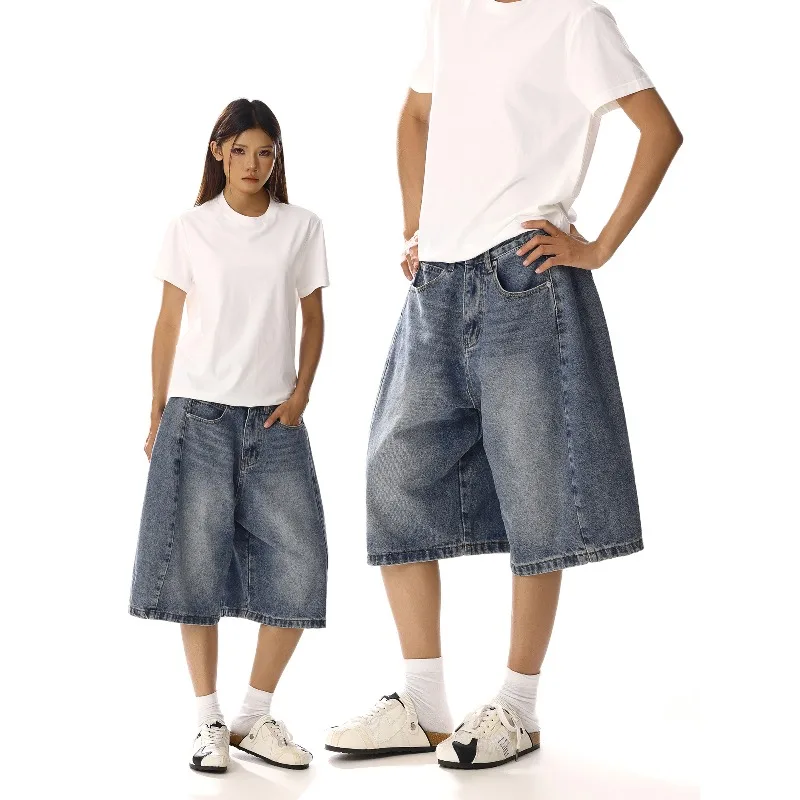 

Korean Style Vintage Men's Jeans Summer Loose Male Wide Leg Knee Length Shorts New Washed Fashion Short Denim Pants 9A8825