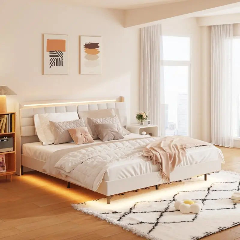 King Bed Frame with LED Light & Charging Station, Upholstered Platform Bed with Headboard, Hidden Storage, No Box Spring
