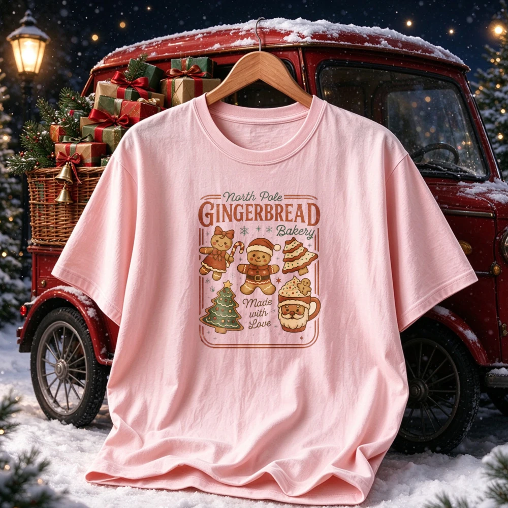 North Pole Gingerbread Bakery T Shirt Vintage Christmas Cookie Santa Mug Graphic Xmas Holiday Casual Cotton Tops Christmas Gift