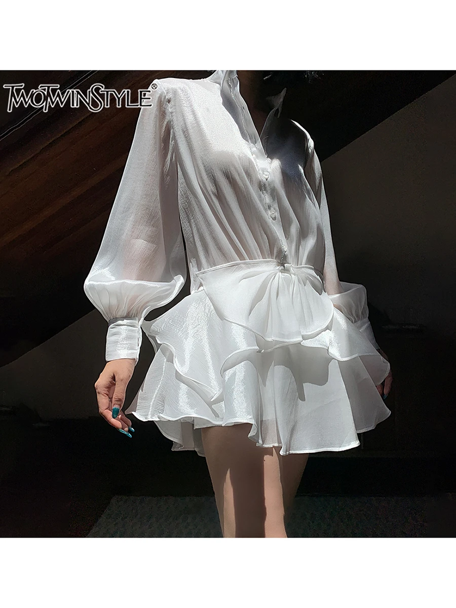 

TWOTWINSTYLE Solid Patchwork Ruffles Dress For Women Stand Collar Lantern Sleeve High Waist Elegant Mini Dresses Female Style