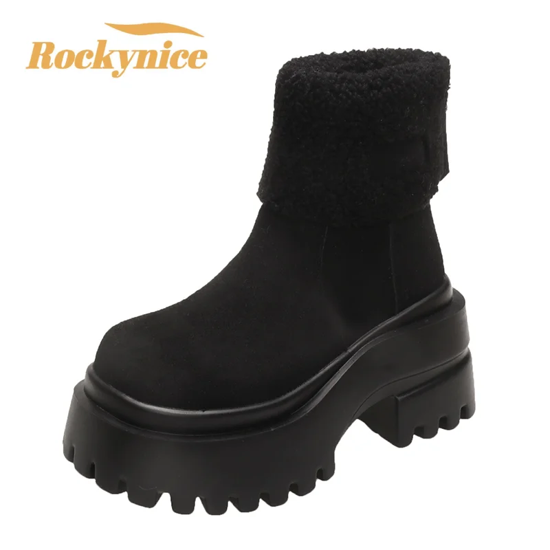 New Winter Women's Fur Snow Boots High Platform Suede Leather Shoes Fashion Ankle Boots Plush Cotton Shoes Woman Mujer Botas 9CM