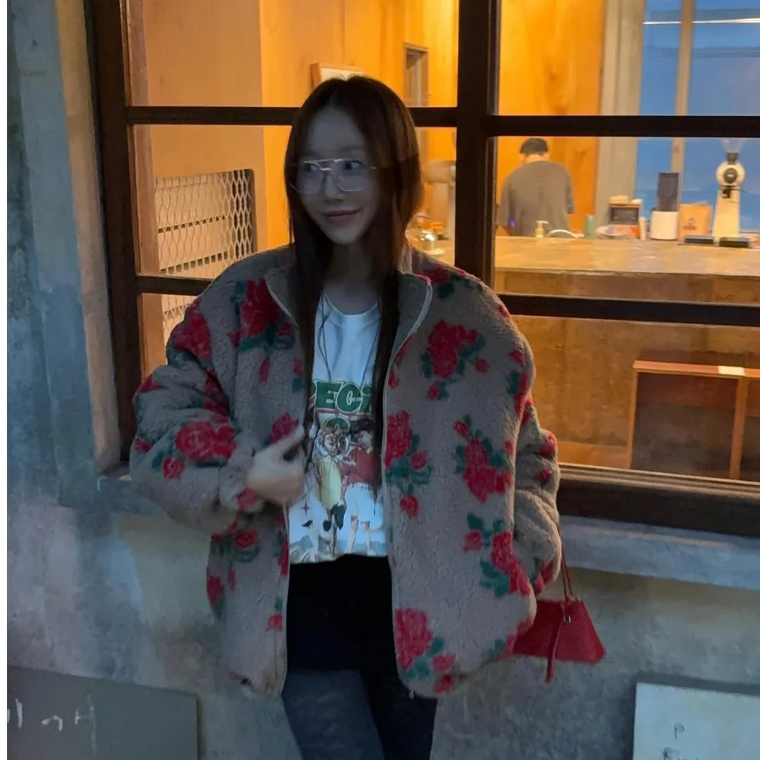 양털 프린트 코튼 혼방 여성용 스웨터 코트 봄 가을 겨울 캐주얼 야외 활동용