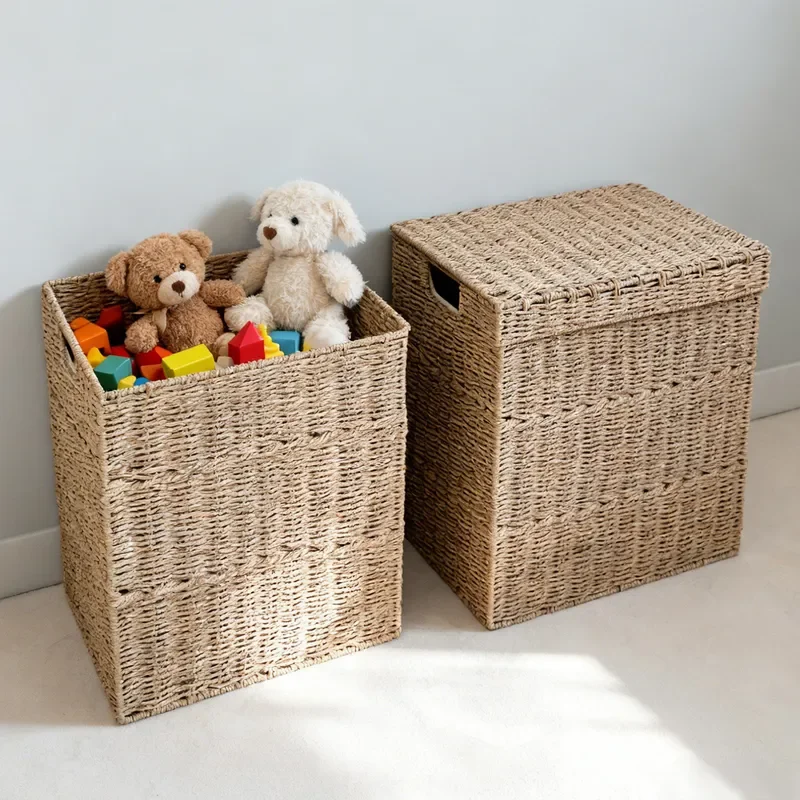 Nordic Style Imitation Rattan Laundry Basket With Lid Large Capacity Woven Storage Bin For Bedroom Clothes Organization Home