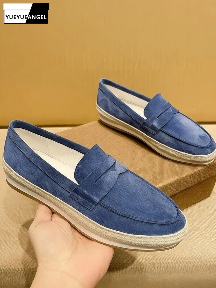 

Мужские повседневные туфли-лоферы из натуральной кожи с круглым носком, однотонные, из замши, ручной работы, увеличивающие рост