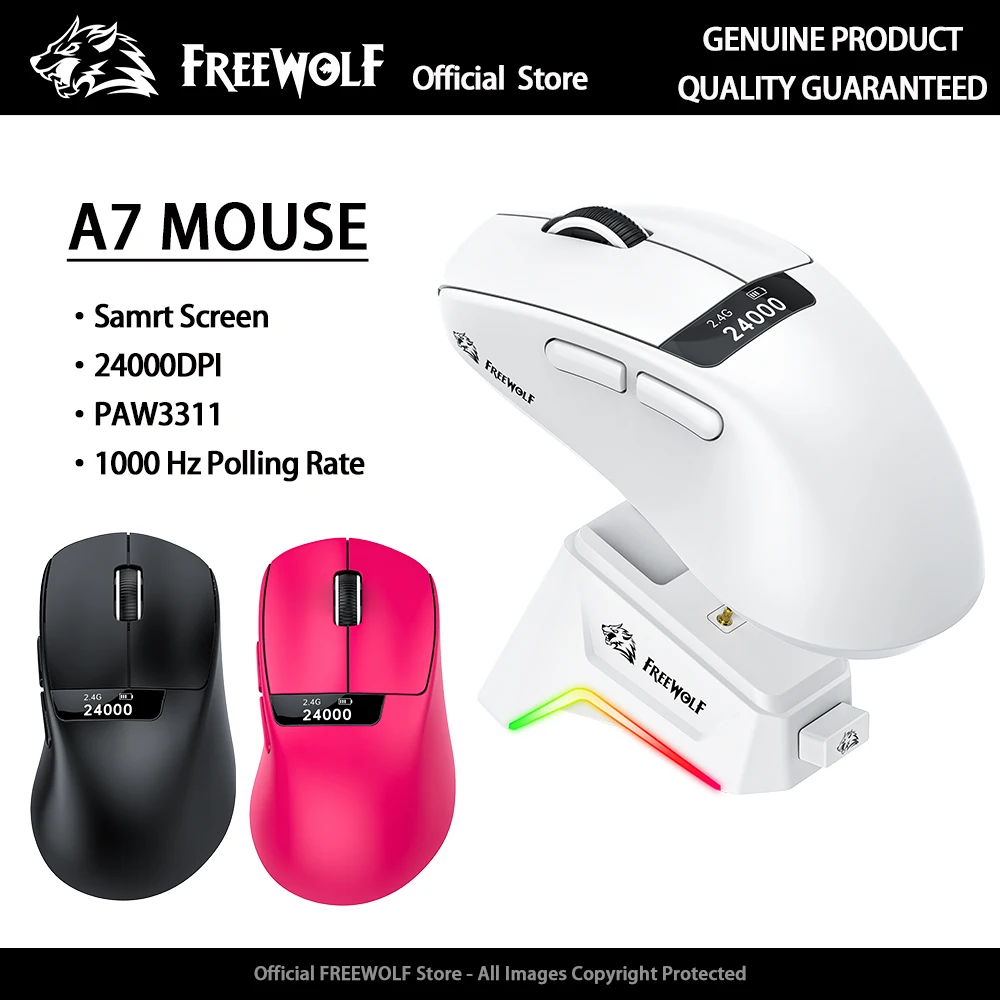 

FREEWOLF A7 Wireless Gaming Mouse with Smart Screen,PAW3311 1000Hz 24000DPI RGB Magnetic Charging Dock for PC and Laptops