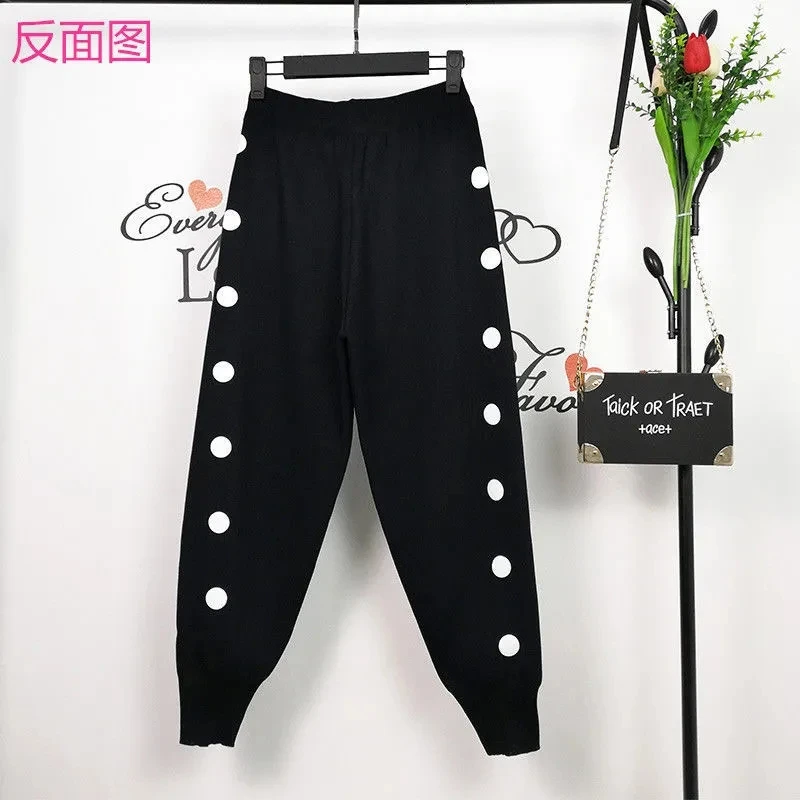 2023 Early Autumn Korean Version Of Thin Big Polka Dot Trend High Waist Knitted Radish Casual Haren Sports Pants Woman Clothing