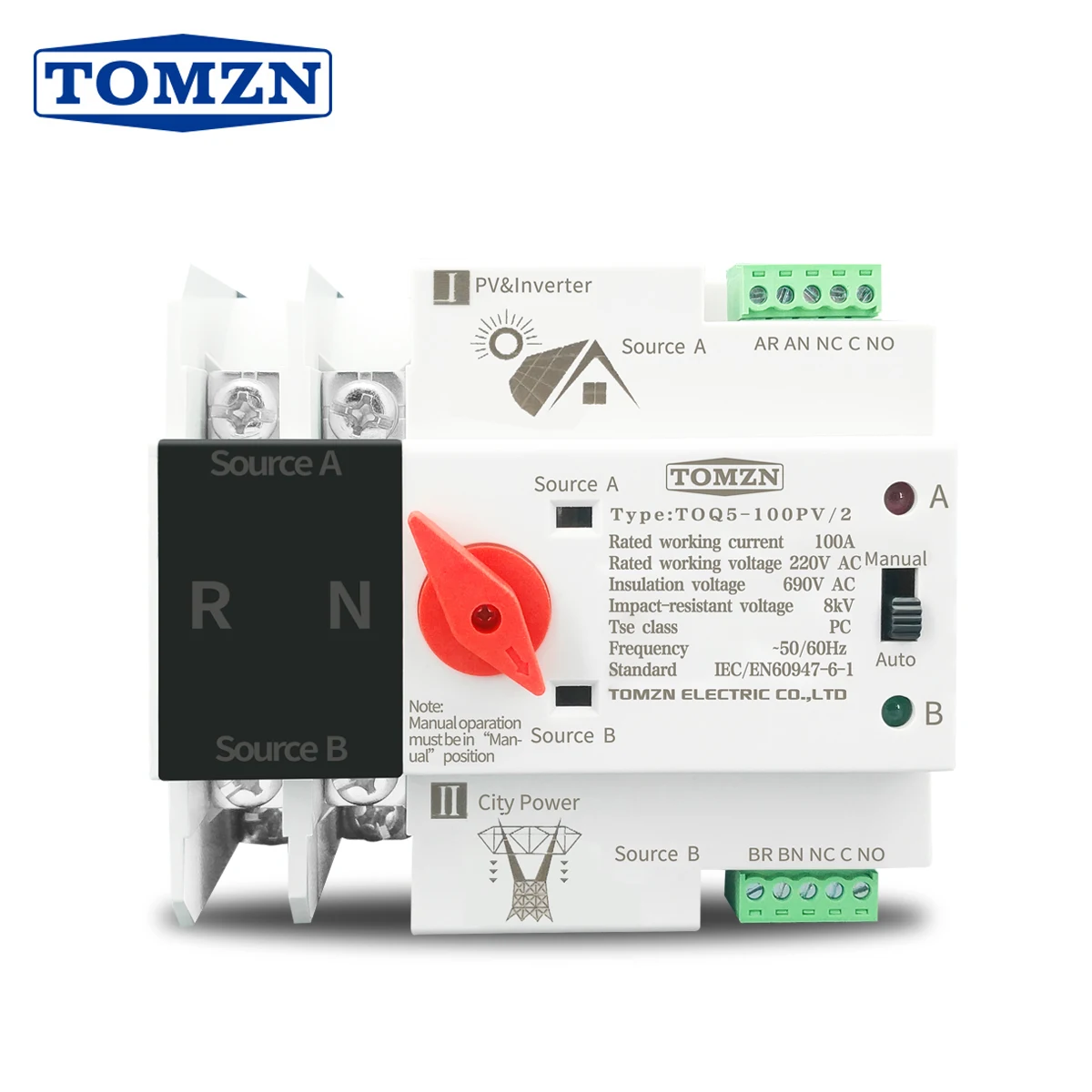 TOMZN Single Phase Din Rail ATS for PV inverter Dual Power Automatic Transfer Selector Switches Uninterrupted 2P 63A 100A 125A