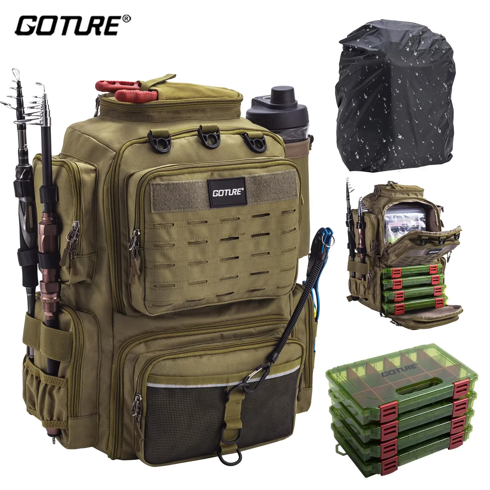

Goture Outdoor Water Resistant Fishing Backpack With 4 tackle boxes 45L 600D Large Fishing Bag Gear Storage for Camping Hiking