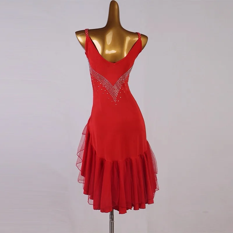 Jupe de danse de compétition latine pour femmes, élégante avec diamants, vêtements de danse latine Standard, robe de danse Rumba Chacha Samba pour adultes