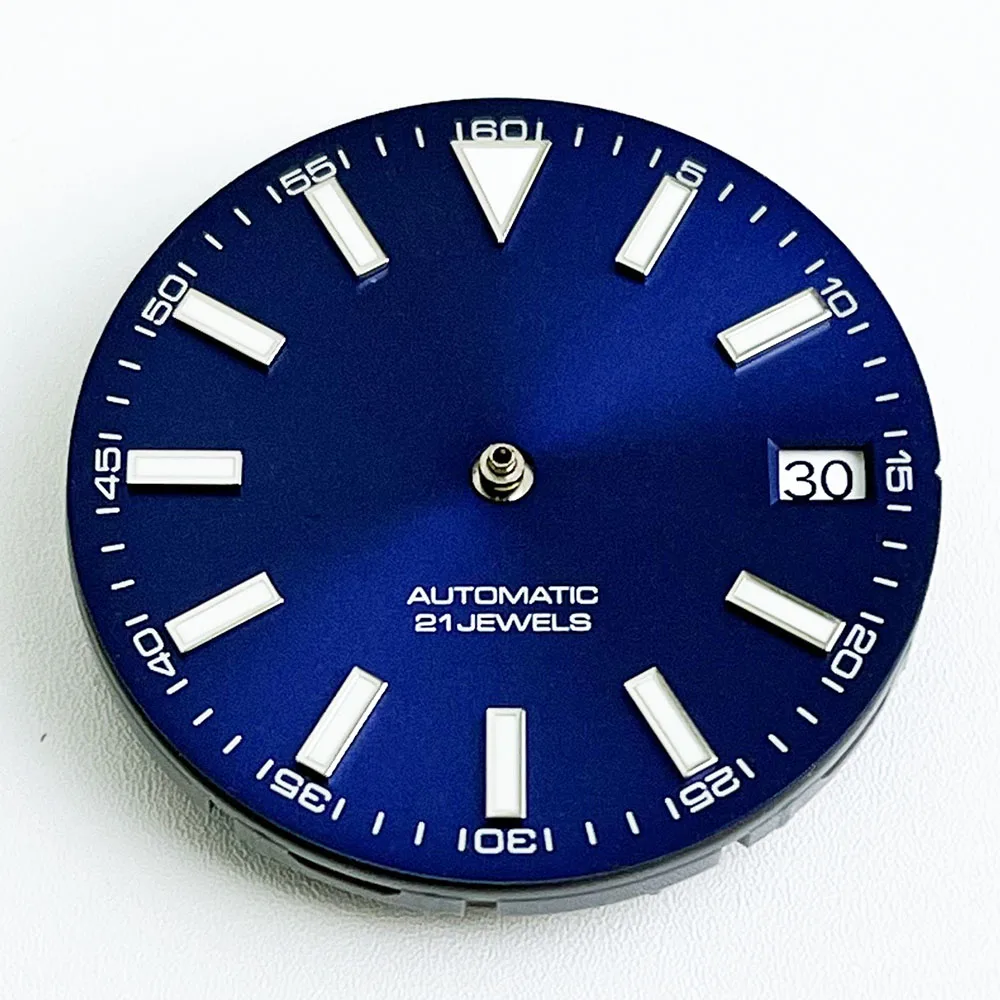 Data azul de 28,5 mm Configuração de mostrador amarelo, preto e branco mostrador nh 35 movimento automático mostrador de 29 mm