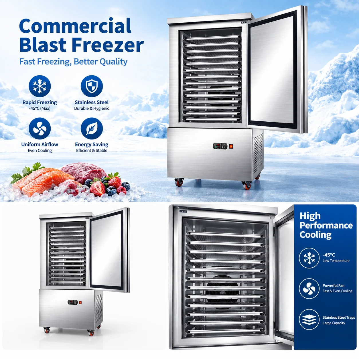 Commercial Blast Freezer -80°C Industrial Deep Freezer Upright Cabinet For Meat Seafood Food Processing And Quick Freezing