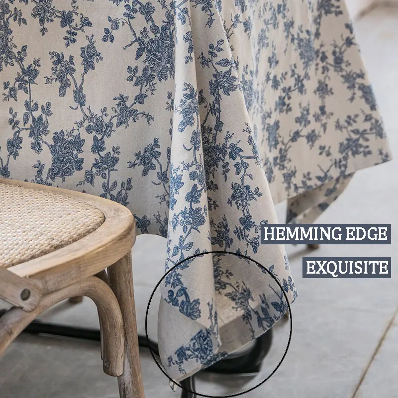 Blue Flower Tablecloth Cotton Linen Table Cover for Dining Wedding Rectangular Coffee Table Decoration tapete 식탁보