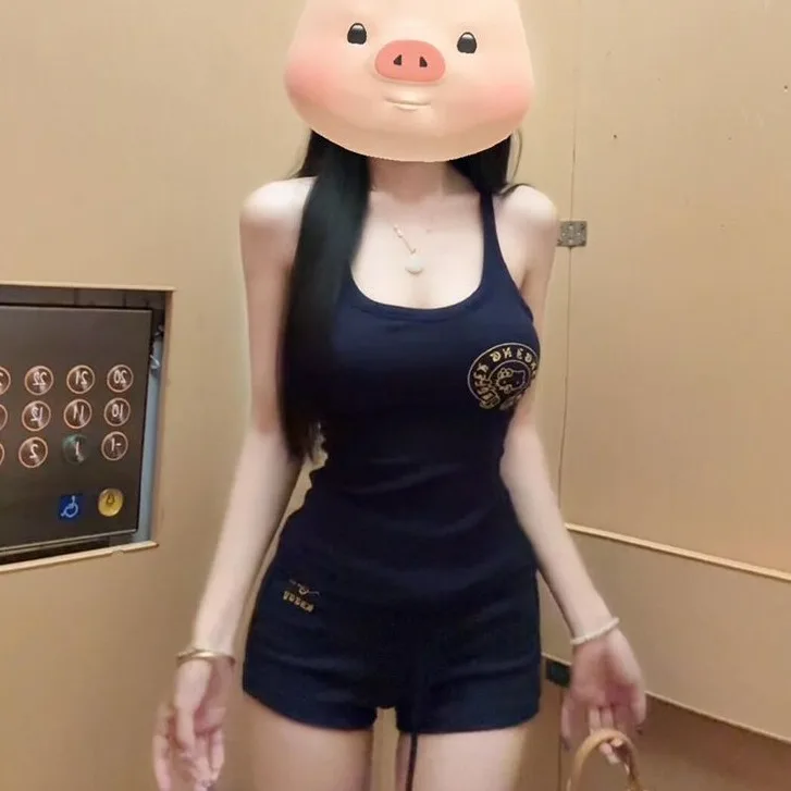 Spicy Girl Faion Sportset Dames Zomer Nieuwe Svel Strap Top Casual orts Tweedelige set Polyestervezel T-shirt