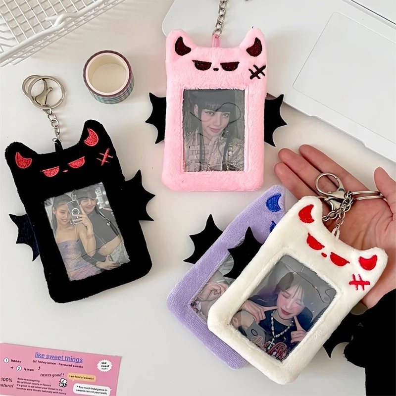 Plush Little Devil Photocard Holder Keychain Kpop Meal Card Bus Card Sleeves Photo Protective Cover Pendant Key Ring