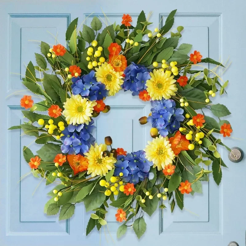 Summer Wreaths for Front Door Outside,Barberton Daisy Spring Wreath with Hydrangea,for All Season Farmhouse Home Outdoor Indoors