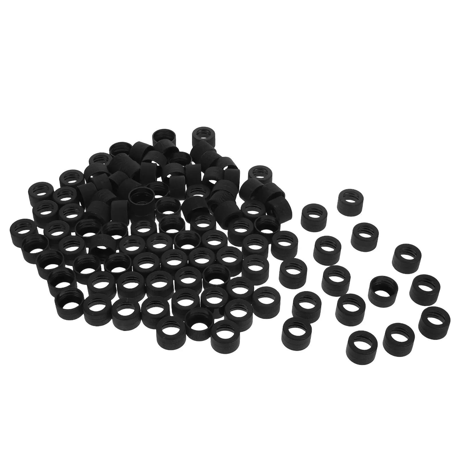 100個入り、黒色の28mmアロマボトルキャップ。pp素材を使用し、コンパクトなデザイン。ガラス製のアロマボトルや香水サンプルボトルに最適。