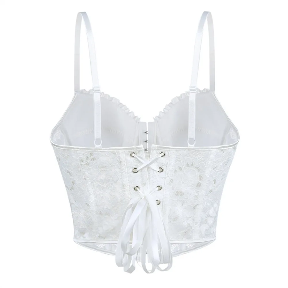 

Sexy Cami Top Lace Satin Ruffle Spaghetti Strap Party Crop Top Deep V Front Zip Outfits Corset Fashion Bustiers for Women