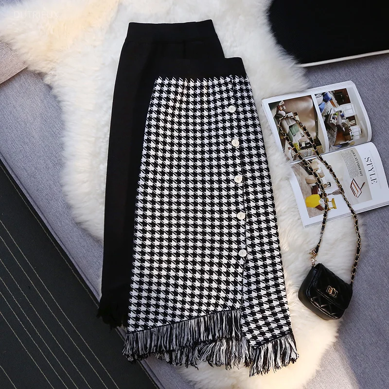 Knitted Plaid Women Skirts Irregular Autumn Winter Korean Fashion Faldas Mujer Elegant Chic Vintage Long Skirt