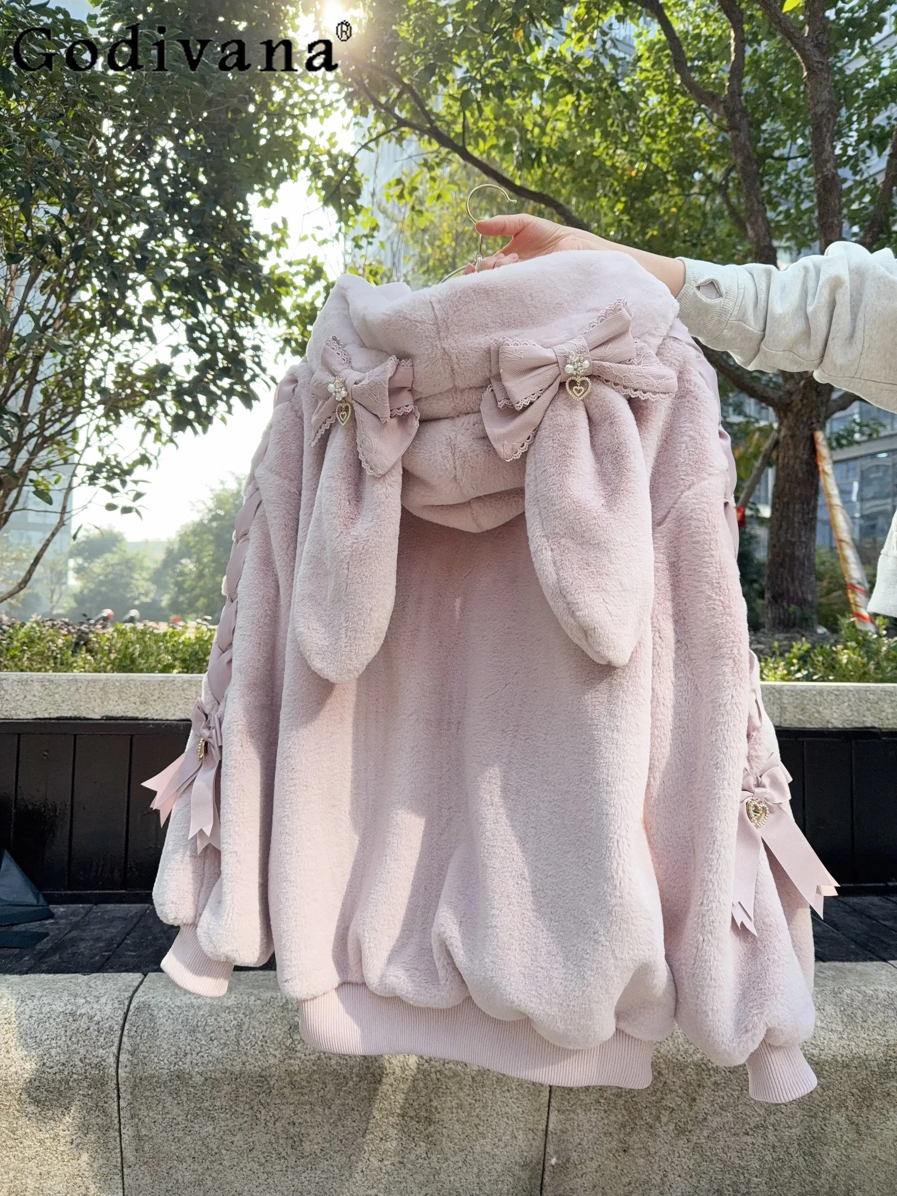 

Winter New Japanese Style Original Lolita Cartoon Bunny Ears Sweet Fluffy Coat Bow Tie Soft Hooded Zipper Thick Coat for Women