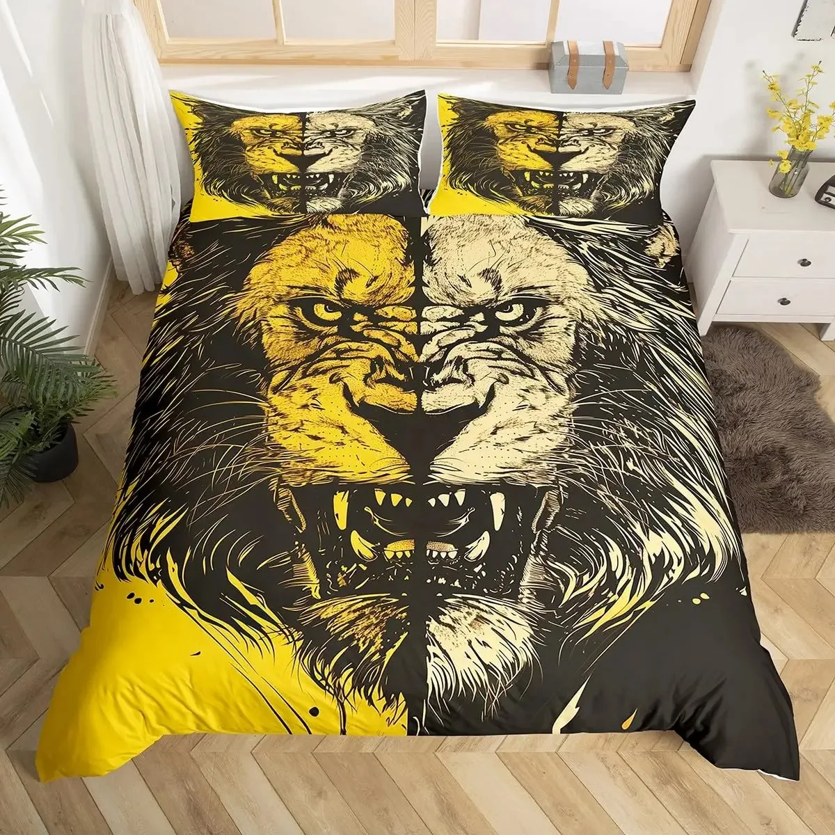 Lion Duvet Cover Set King Queen Hand Drawn Animal Bedding Set Graffiti Abstract Art Quilt Cover Wildlife Vintage Comforter Cover