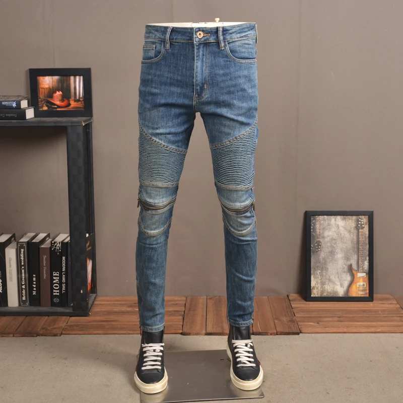 Street Fashion Men Jeans Retro Blue Elastic Slim Fit Spliced Biker Jeans Homme Bottom Zipper Designer Hip Hop Denim Pants Men