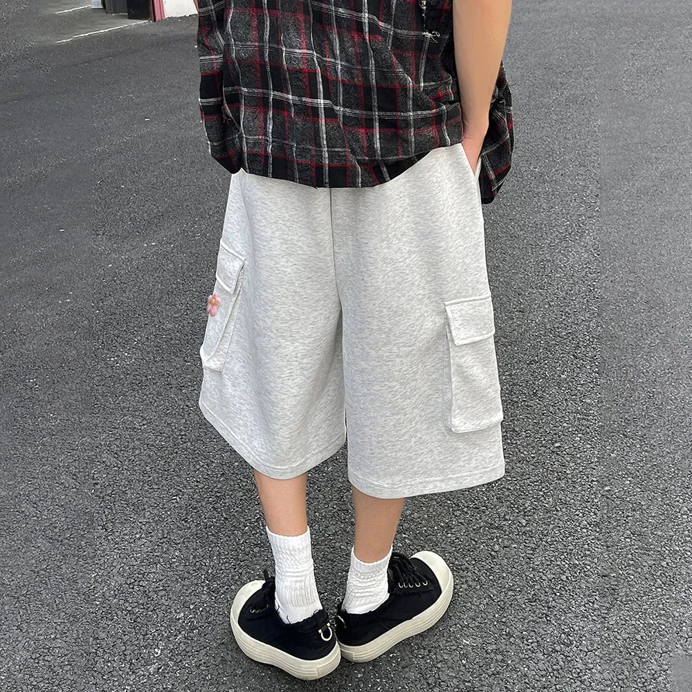 Summer Men's Multi-Pocket Embroidered Three-Quarter Wide-Leg Pants American Fashion Casual Trend Loose Breathable Men's Bottoms