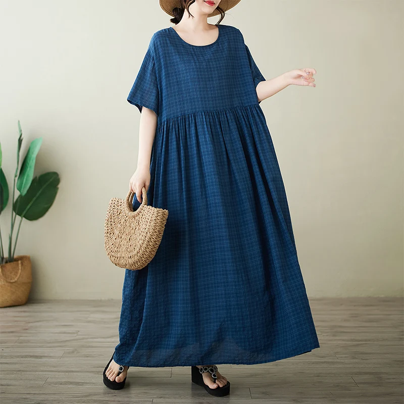 

Simple Faion plus Size Summer New Long Dr round Ne ort Sve Print Cotton Linen Blend Comfortable Breathable Dr