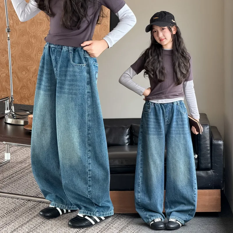 Kids Autumn Loose Wide Leg Jeans for Teenage Girls Fashion Straight Denim Pants Children Casual Jeans Trousers with Embroidery