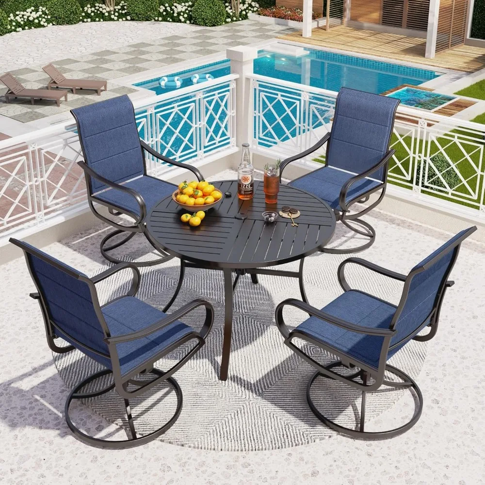 

5 Piece Outdoor Patio Dining Set with 4 Padded Swivel Dining Chairs & 1 Large Round Dining Table, All Weather Blue, Customized