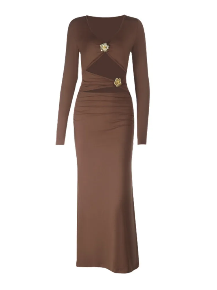 القطب الشمالي القط أنيقة مشبك معدني الجوف طويلة خارج الأكمام فستان المرأة مثير الخامس الرقبة ضيق فستان سهرة الحفلات الخريف الشتاء جديد Vestidos #5