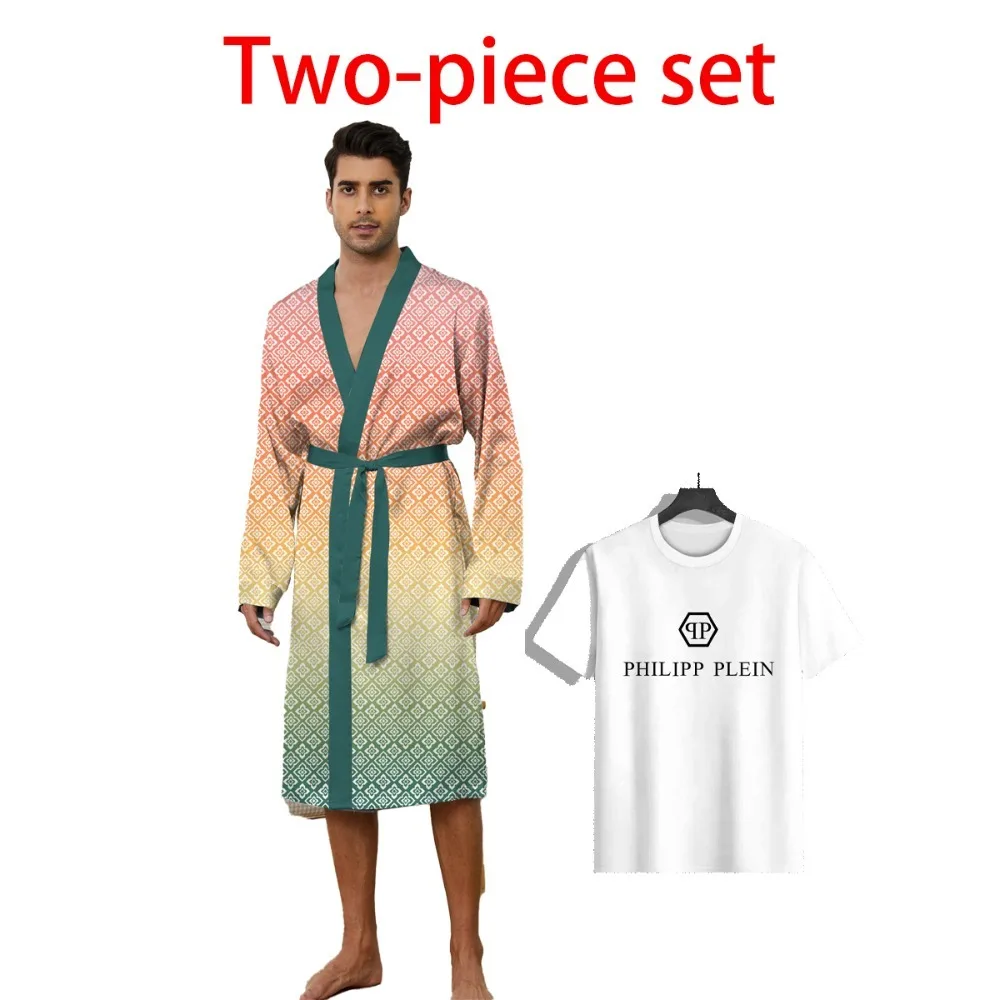 

New men's home leisure and comfortable gradient pattern pajamas thin skin-friendly digital full-print bathrobe personalized paja