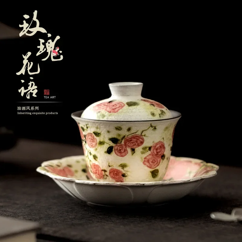 125ML Rose Flower Language Yuanrong Ercai Cover Bowl Ceramic KungFu TeaSet TeaBowl Tea Breaker with Cover TeaCup Gift Collection