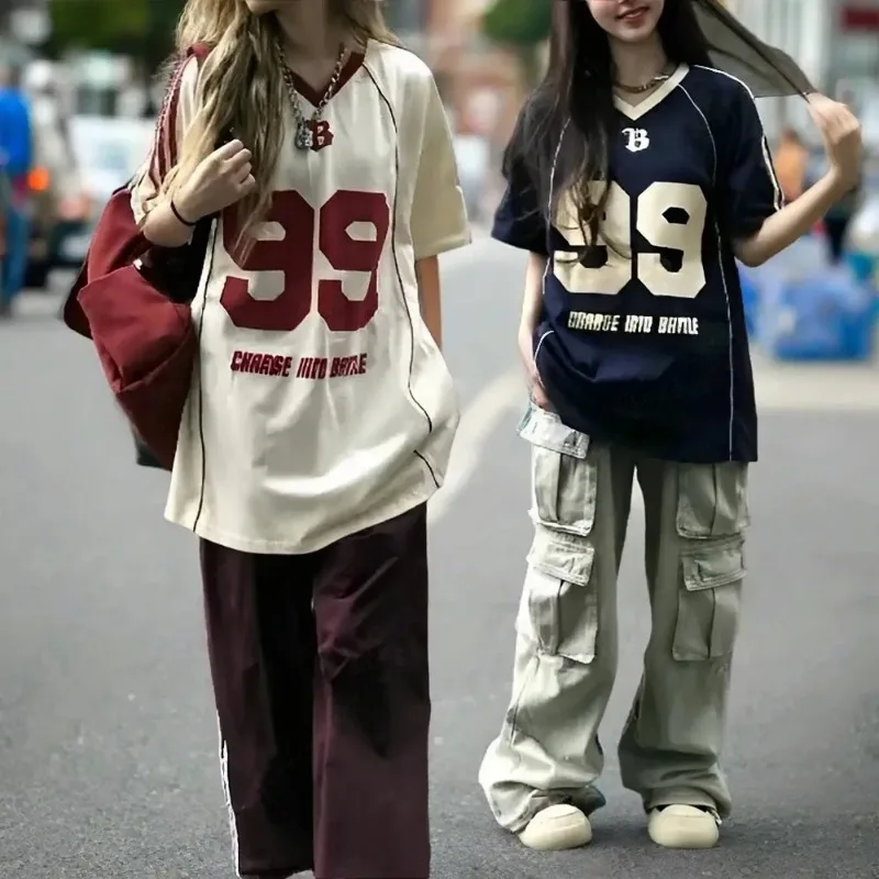 2026 Women Loose Vintage Football 99 Jersey Y2K Number Letter Graphic V Neck Top Retro College Streetwear Oversized T-shirt