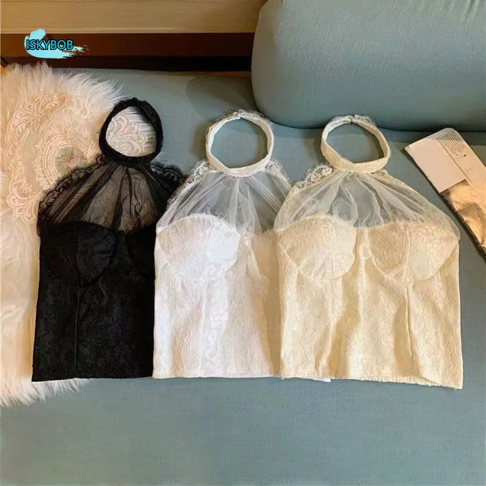 

Spicy Girl Style Hollow Lace Camisole Slim Fit Sleeveless Lace Halter Corset Transparent Halter Top Suspender Vest Travel