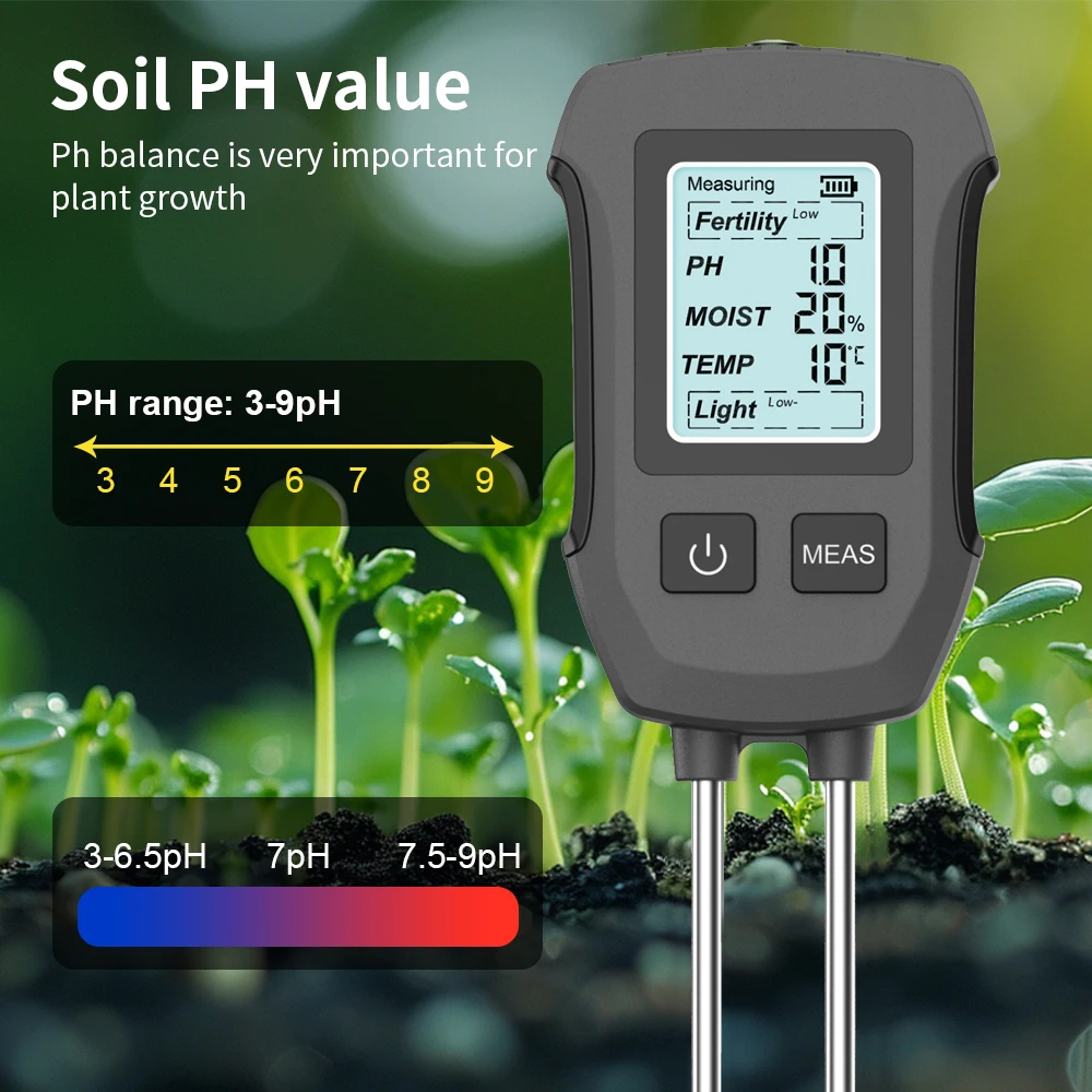 Dual-เข็มเครื่องทดสอบดิน 3/5 in 1 Soil PH Meter Multifunctional Fertility/ความชื้น/PH/อุณหภูมิ/แสงแดดเครื่องตรวจจับ Backlight
