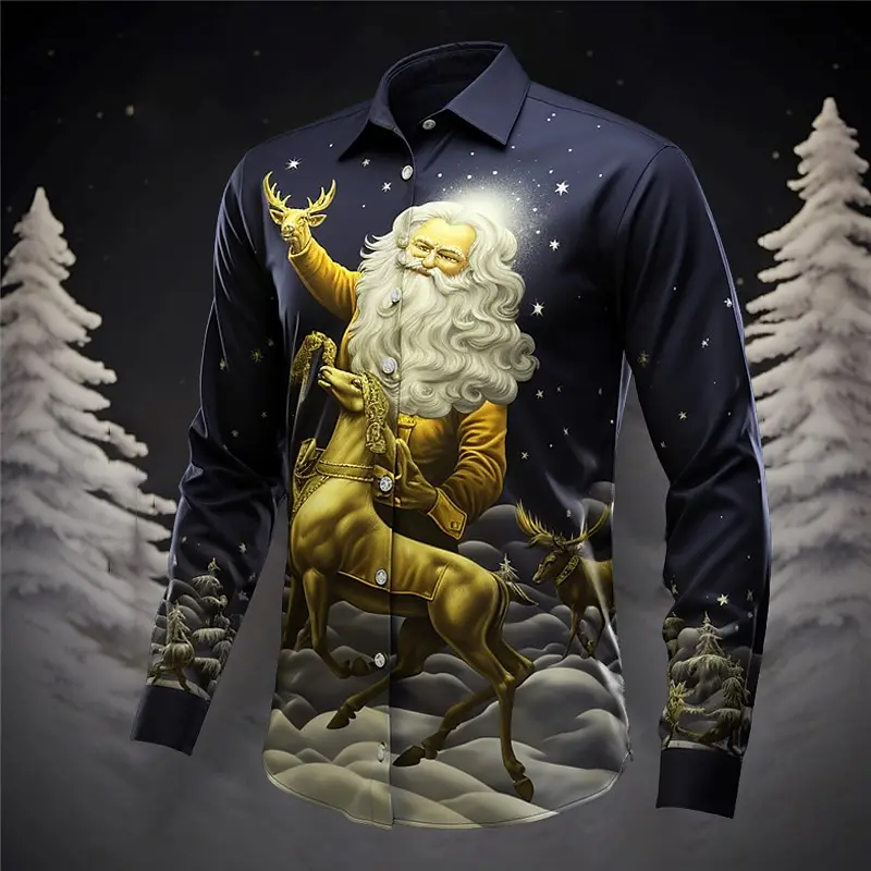 Christmas and New Year atmosphere long-sleeved shirt men's casual lapel holiday top comfortable men's shirt Christmas