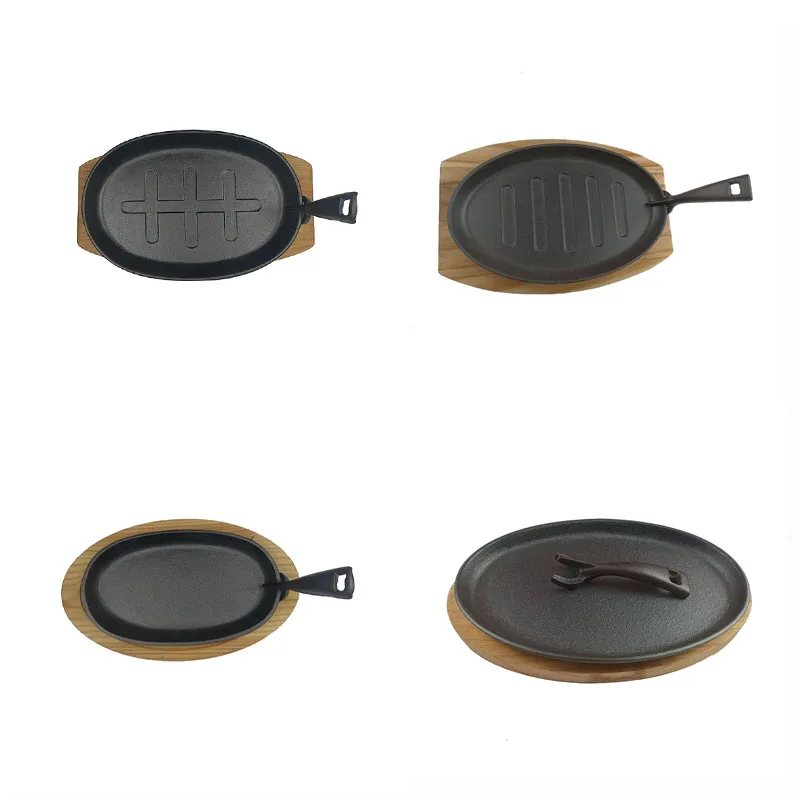 Oval Cast Iron Beef Steak Griddle with Wooden tTray BBQ Griddle Steak Pan