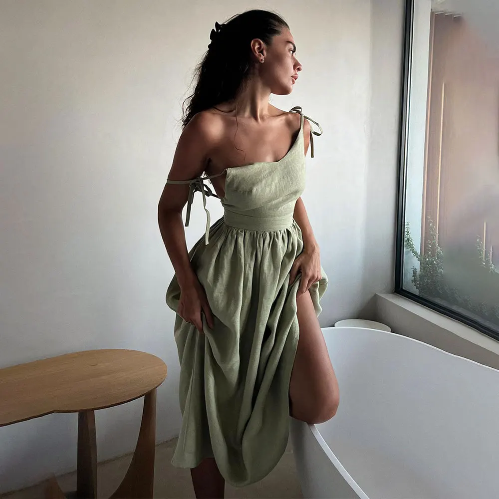 Boho verano vestido largo con tiras mujeres elegantes 100% algodón con cuello en V High Street vacaciones Sexy espalda descubierta señoras fiesta vestidos de playa nuevo