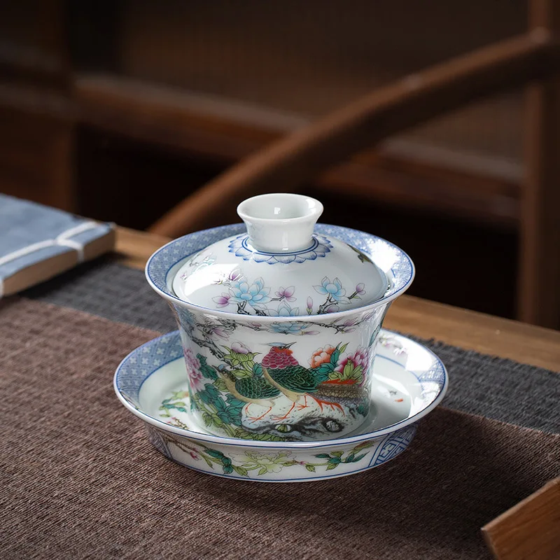 

New Pastel Future like Brocade Horseshoe Tureen Personal Household Tea Brewing Bowl Ware Jingdezhen Single Wholesale