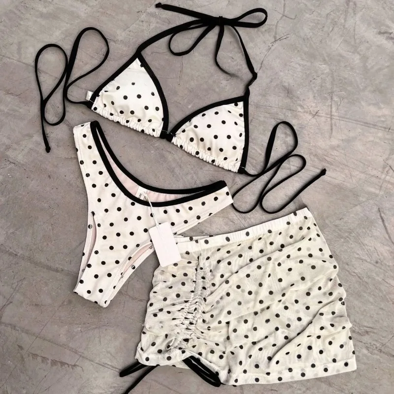 

New Ins Polka Dot Top Skirt Sets Beach Y2k Sexy Three-piece Set Drawstring Vacation Party Swimsuit Woman INS Style Cute Clothes