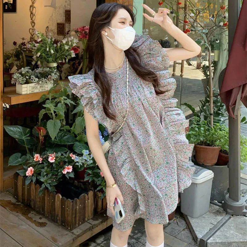 MEXZT Floral Mini Dress Women Sweet Print Flying Sleeve A Line Dresses Summer Korean Streetwear Ruffles Chic Casual Vestidos New