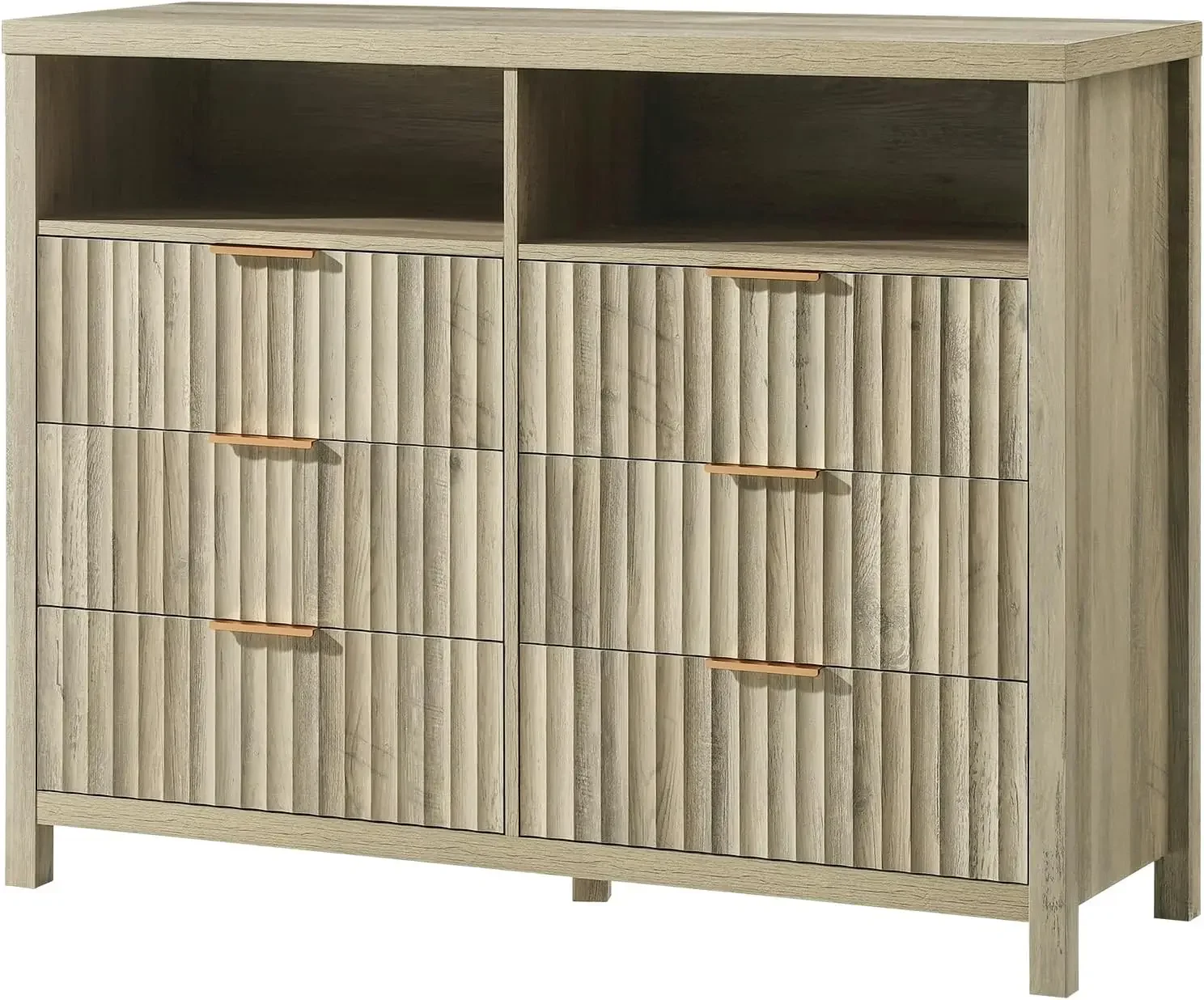 Oxford Fluted Dresser para o quarto, ampla e moderna cômoda de madeira de gavetas, TV Stand, 2 prateleiras, 6 gavetas