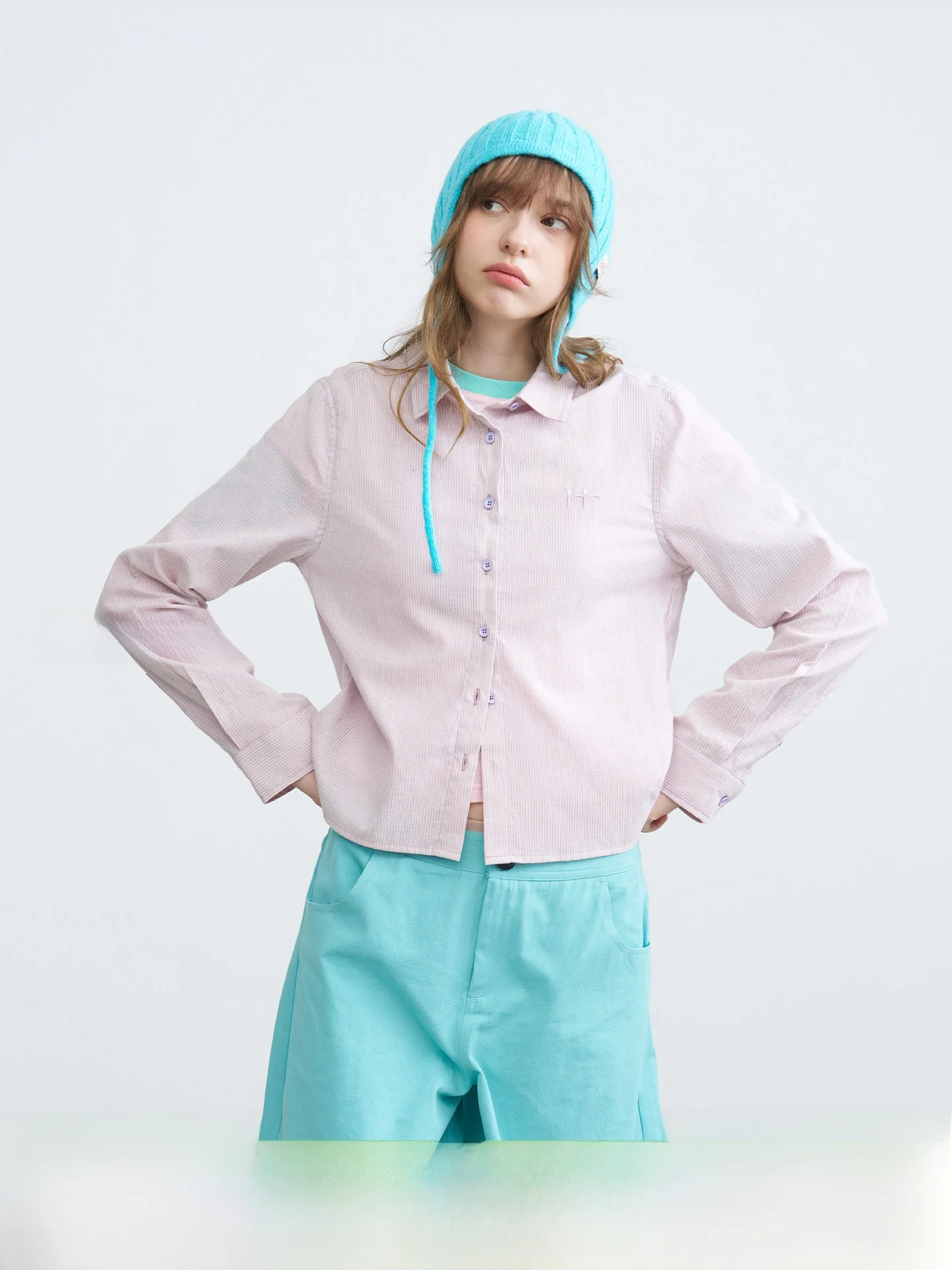 

Riverstone plus Candy Color Vertical Striped Embroidered irt Long Sve Women's Slim Loose Casual irt Breathable Cotton ...