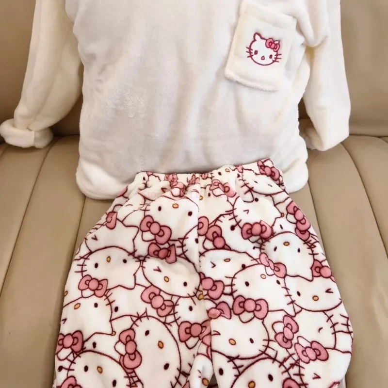 Sanrio Japanese Cartoon Hello Kitty Stuff Pajamas Female Flannel Winter The Plus Thicken Velvet Sweet Keep Warm Tracksuit Gift