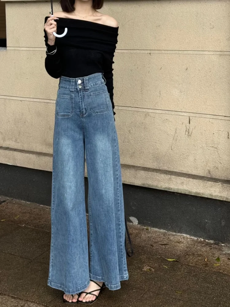

High Waist Wide Leg Blue Jeans Women's Loose Fit Summer New Style Retro Straight Cut Long Trousers Fashionable plus Size