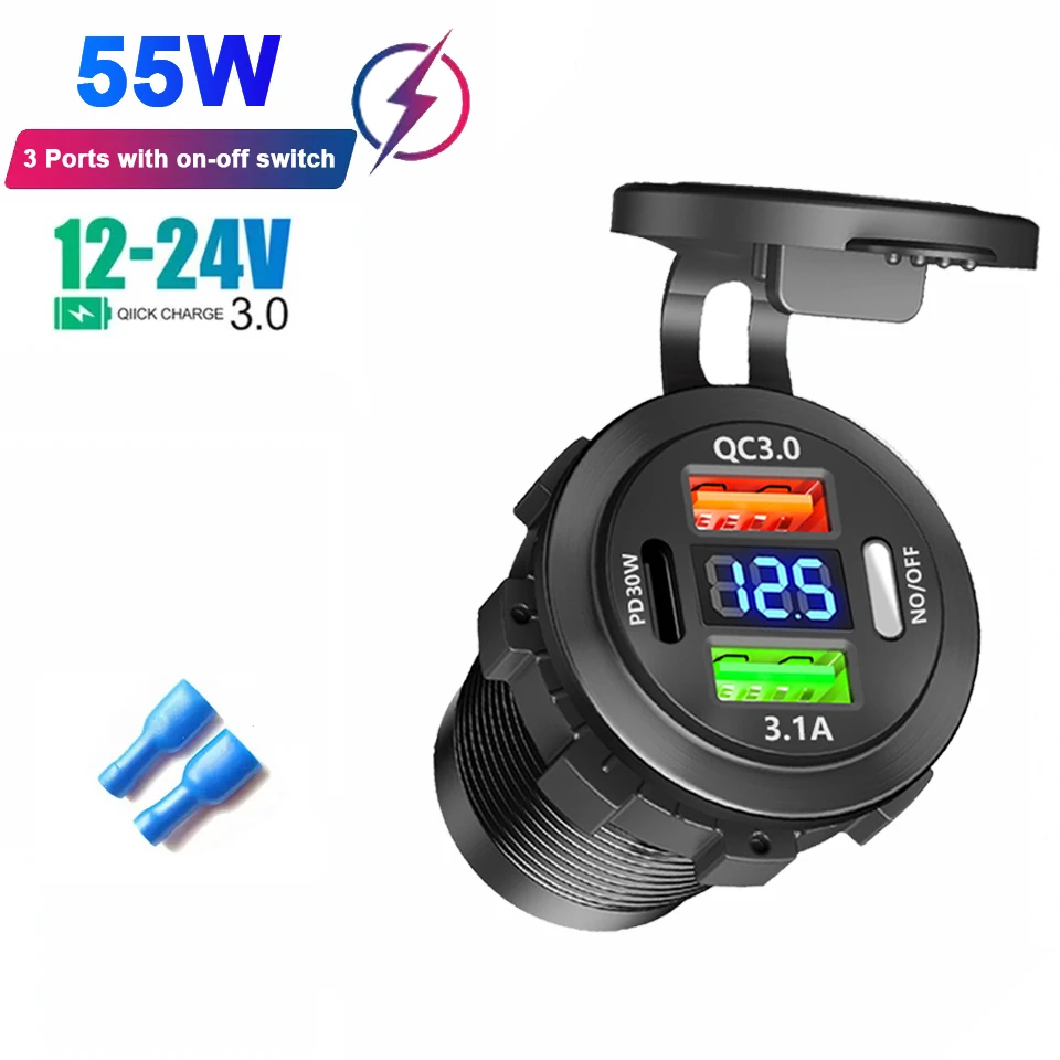 Autolader Socket Dual Type-C & Dual USB 4 Poorten Snel Opladen Socket Waterdicht met Voltmeter 12 V/24 V Voor Auto Boot Motor
