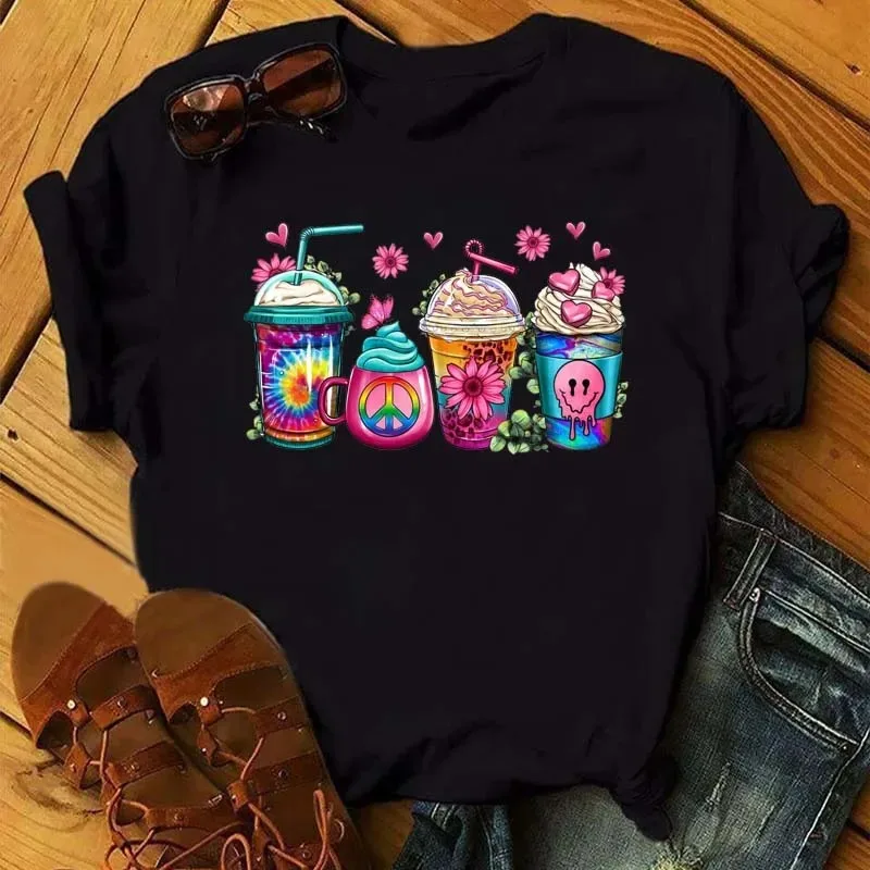 Fashion Watermelon Coffee Printed Women T-shirts 90s Trend Cute Short Sleeve Women Female Graphic Tee Streetwear Clothes